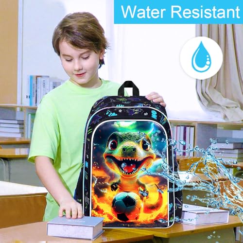 Image of 3Pcs Dinosaur Backpack for Boy, 16 inch Soccer Bookbag for Elementary Preschool Kindergarten, Kids School Backpacks with Lunch Box (Black)