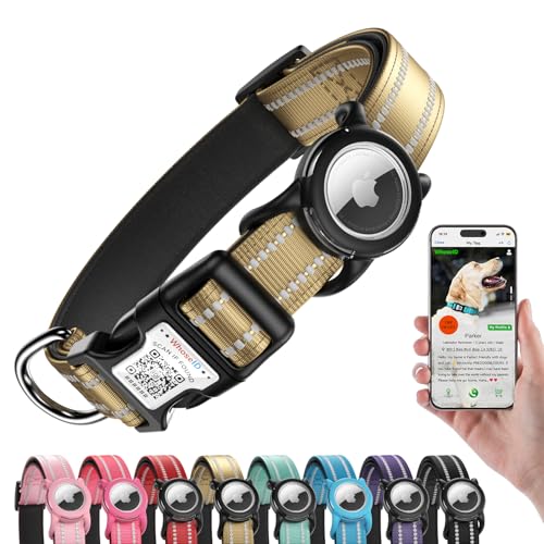 Image of Reflective Dog Collar with AirTag Holder, Waterproof Dog Collar with QR Code, Heavy Duty Adjustable Pet Collar for Small Medium Large Dogs, Brown