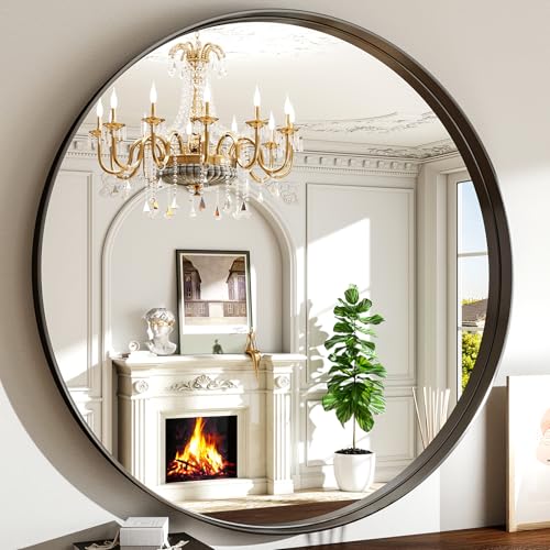 48 Inch Round Bathroom Mirror - Wall Mounted Circle Mirror with Metal Frame Modern Mirror Suitable for Bathroom Vanity Entryway Living Room Wall Decor Black