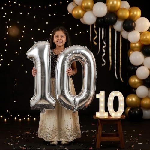 Image of Balloonistics Silver 40-Inch Foil Number 10 Balloon with Matching LED Marquee Light - Combo Set for 10th Birthday, Anniversary, Party Decoration, Photo Booth Backdrop