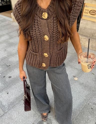 Image of Yimoon Sweater Vest Women Cropped Gold Button Chunky Knit Vest Sleeveless Crop Knit Cardigan(Coffee-M)
