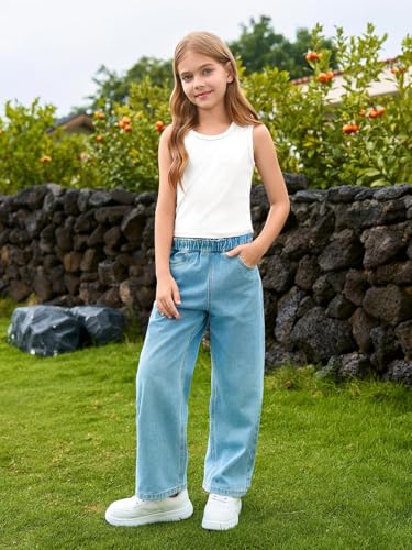 Image of Haloumoning Girls Tank Tops Kids Athletic Ribbed Knit Sleeveless Crop Tops Basic Camisole 5-14 Years
