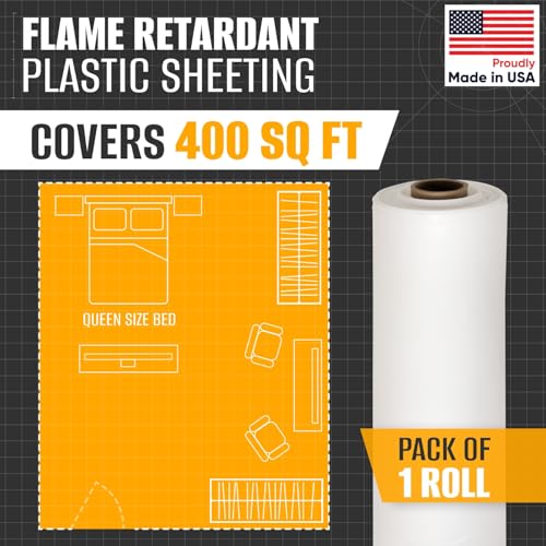Paclord Flame Retardant Plastic Sheeting 8' x 50' (400 Sq Ft) – USA-Made Heavy-Duty 4 mil LDPE Plastic Tarp for Welding, Painting & Construction – Fire-Rated, Waterproof, Tear-Resistant Barrier