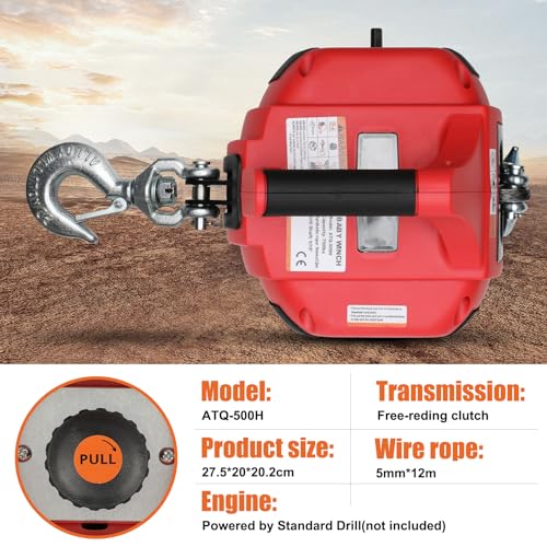 Lonsge Portable Drill Winch of 1000 LB, Red Handheld Drill Winch with 40 Foot Synthetic Rope, Rotate The Hook 360 Degrees, for Lifting & Dragging(Red)