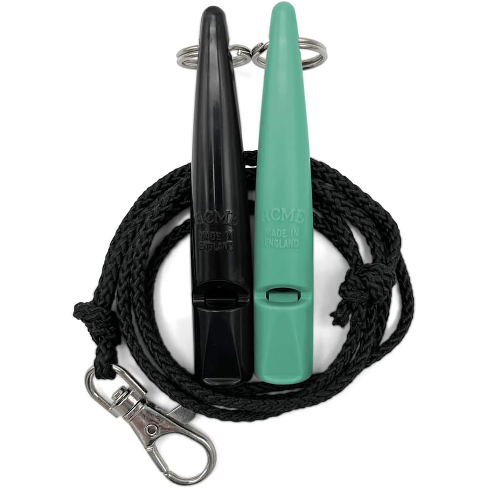 ACME Silbato para perros n.º 211,5 con banda de silbato, en paquete doble, 2 silbatos con 2 cintas, ideal para la devolución de llamada – ruidoso y de largo alcance (negro + turquiosa)
