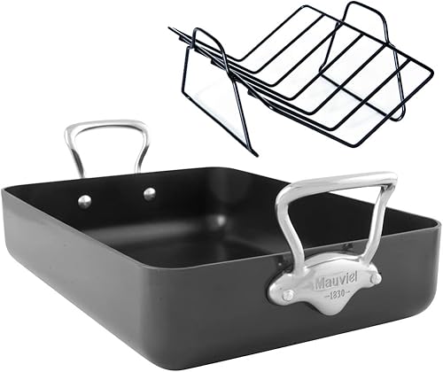 Mauviel M'Stone 3 - Asador antiadherente anodizado duro con estante, asas de acero inoxidable fundido, 13.7 x 9.8 pulgadas, fabricado en Francia