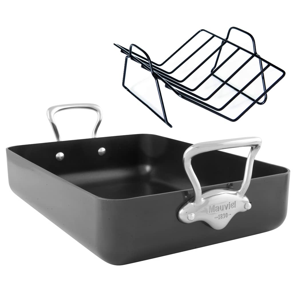 MauvielM'Stone 3 Hard Anodized Nonstick Roasting Pan with Rack, Cast Stainless Steel Handles, 13.7 x 9.8-in, Made in France