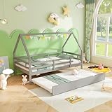 Giantex Twin House Bed with Trundle, Wood Kids Bed Frame with Roof & Fence Rails, Montessori Bed for Kids, Teens, Girls & Boys, No Box Spring Needed (Grey)