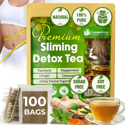 Image of Lavendium, 100 Bags SIimming Detox Tea Caffeine Free - Herbal Tea with Chamomile, Hibiscus Tea & Ginger Root for Colon Cleanse - Natural Citrus & Cinnamon Herbal Tea for Digestive Health