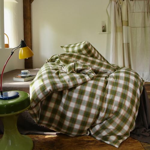 Image of EAVD Vintage Style Gingham Duvet Cover Full Soft 100% Muslin Cotton Yarn-Dyed Textured Chic Pink&Green Grid Plaid Bedding Set with 2 Pillowcases British-Style Plaid Duvet Cover with Zipper
