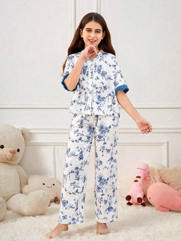 Image of Night Dress for Kids Girls, Button-Down Pajama Set Night Dress, Long Sleeve Top and Pants with Ruffle Trim, Textured Cotton Sleepwear for Lounging