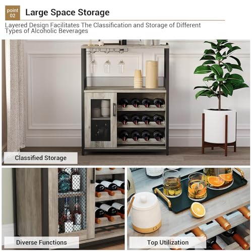 Image of Vintage Industrial Wine Bar Cabinet with Adjustable Wine Racks and Glass Holders, Mesh Door Sideboard Storage Cabinet for Living Room, Kitchen, Dining Room, Compact Design, Easy Assembly,Gray