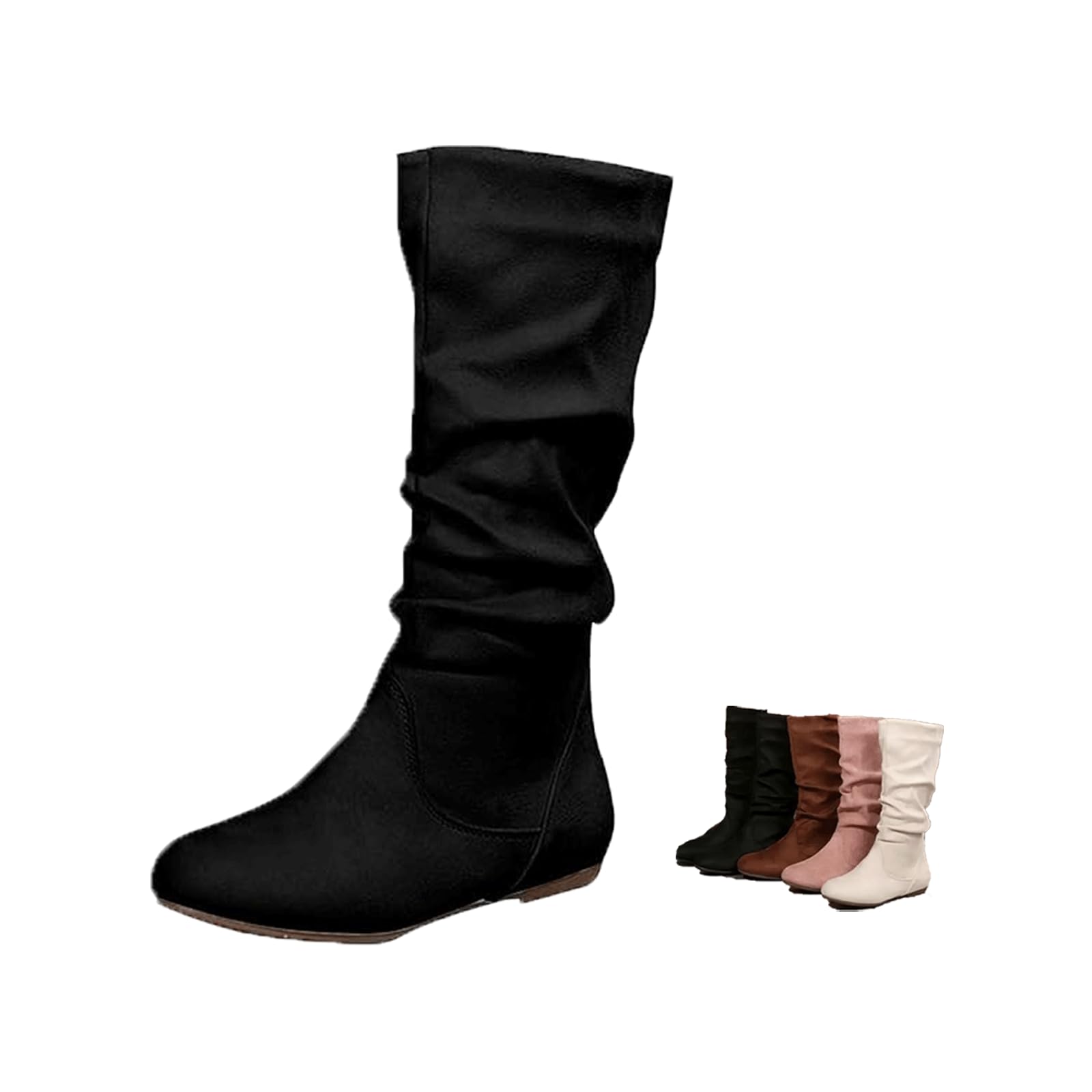 Womens Knee High Boot - Womens Slouchy Flat Shoe - Side Zipper Round Toe Faux Suede Boot -