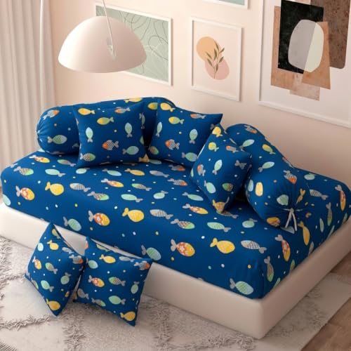 Image of Filymore Cute Fish Kids Fitted Diwan Set 8 Pieces - Blue Microfiber Diwan Bedsheet Set with 5 Cushion Covers & 2 Bolster Covers | Soft & Comfortable Cartoon Fish Print Diwan Cover Set for Kids Room