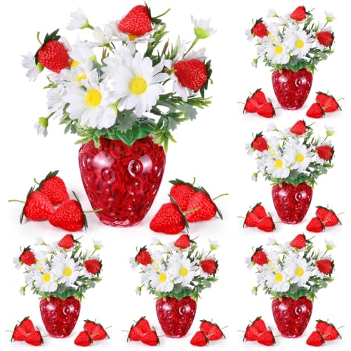 Gandeer 6 Pack Strawberry Vase Decor 6 Pink Plastic Strawberry Vases with 6 Artificial Daisies 40 Fake Strawberries and Red Raffia Table Centerpiece for Berry Sweet Party Kitchen Home Decor