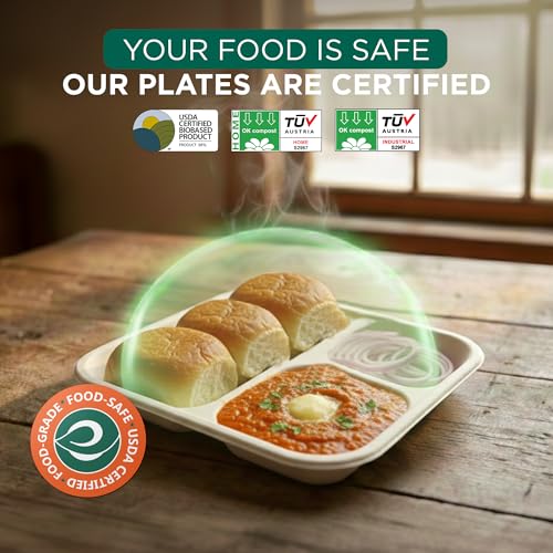 Image of ECO SOUL | 3 Compartment Bagasse Meal Tray | 9 Inch - Pack of 25 | Disposable Plates Big Size | Eco-Friendly, Microwave Safe, & Leak-Resistant | Ideal for Serving Meals and Catering