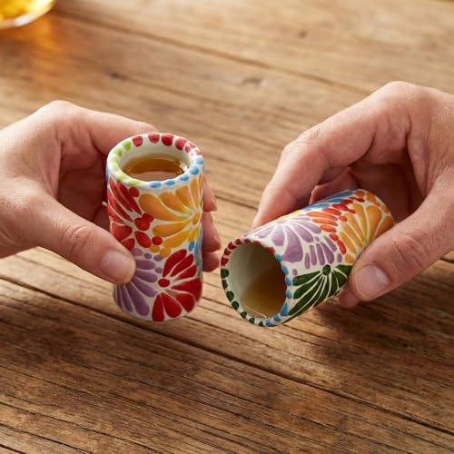 Image of Talavera Shot Glasses Set of 4 Authentic Mexican Tequila Shot Glasses - Hand-painted - 2 Oz (Multi Petal)