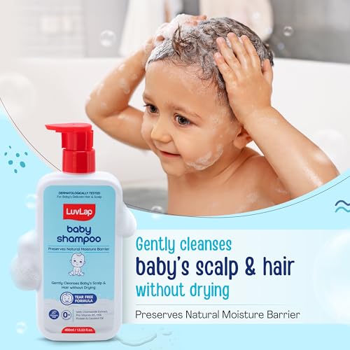 Image of LuvLap Milky Soft Baby Shampoo - 400ml, Tear Free Formula, with Milk Protein, Vitamin E & Coconut Oil, Shea Butter & Chamomile, Gentle Care for Baby's Soft Hair, No Paraben, Dermatologically Tested
