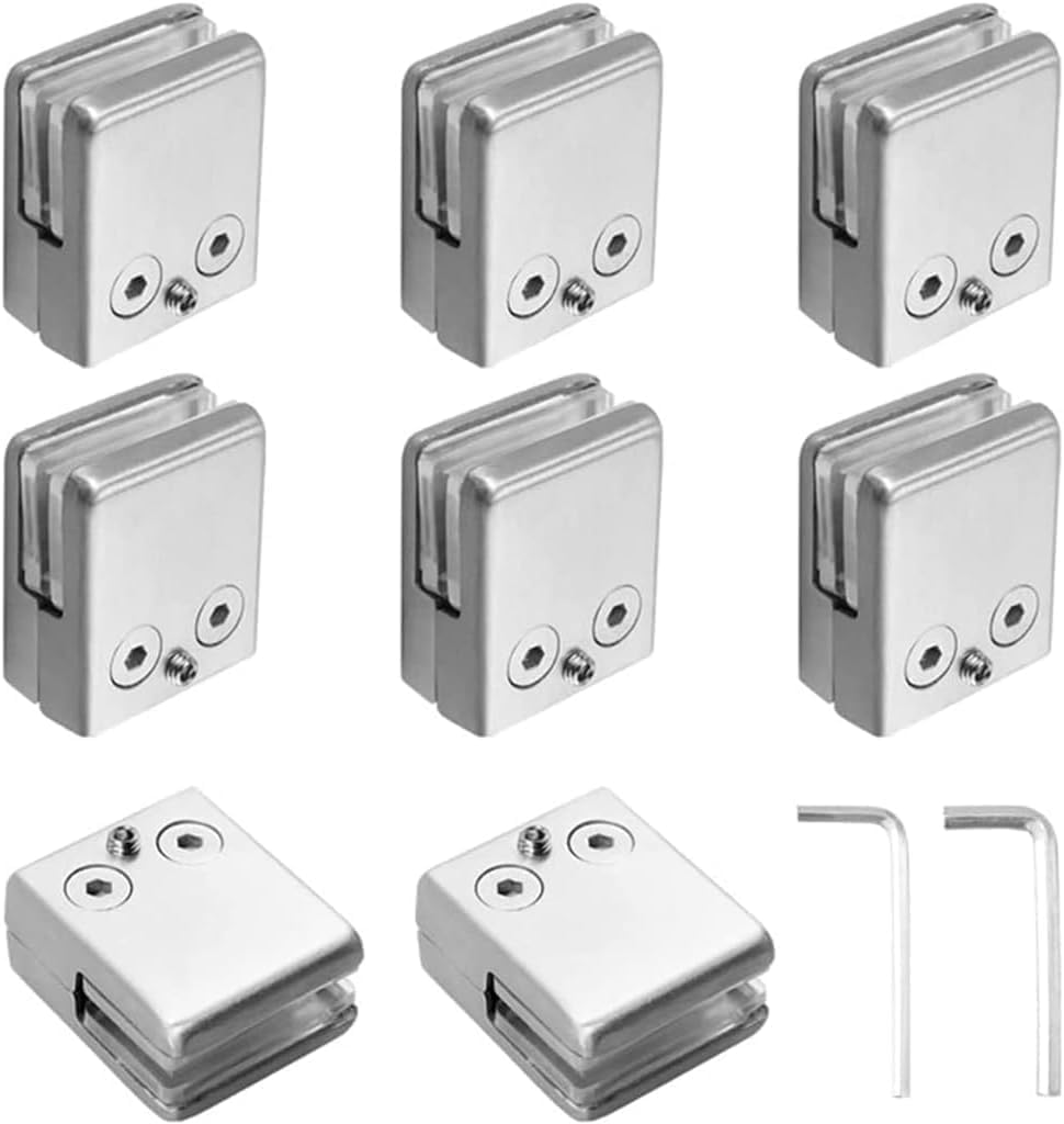 Jvfbjlf 8~10Mm Glass Holder 8Pcs Glass Clamps Square Glass Brackets Stainless Steel Glass Clips Adjustable Glass Floor Clamp For Balustrade Spigot Clamp Perfect Match(8~10Mm)