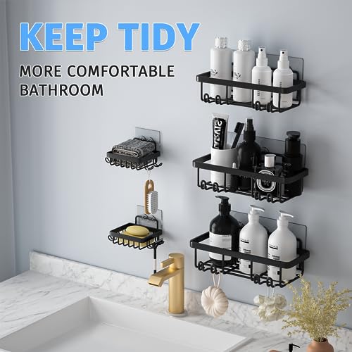 Fadun Shower Caddy 5 Pack Shower Rack No Drilling Bathroom Shelves with Soap Dish Adhesive Shower Organiser-Black