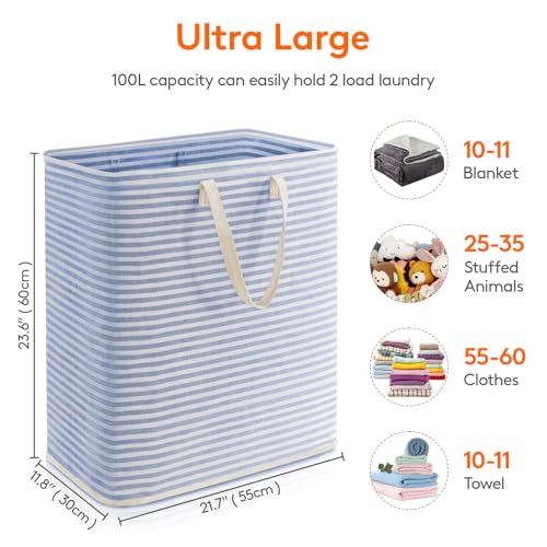 Image of Lifewit 1 Pack Laundry Basket 100L Each, Collapsible Clothes Hamper with Reinforced Handles, Freestanding Waterproof Design for Bedroom and Laundry Room, Blue 100L Total