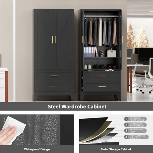 Image of Black Metal Wardrobe Closet, Armoire Wardrobe with Two Drawers Clothes Cabinet for Bedroom, 71 inch Tall Farmhouse Steel Armoire Closet with Drawers and 2 Doors Clothing Storage Cabinet with Hanging Rod