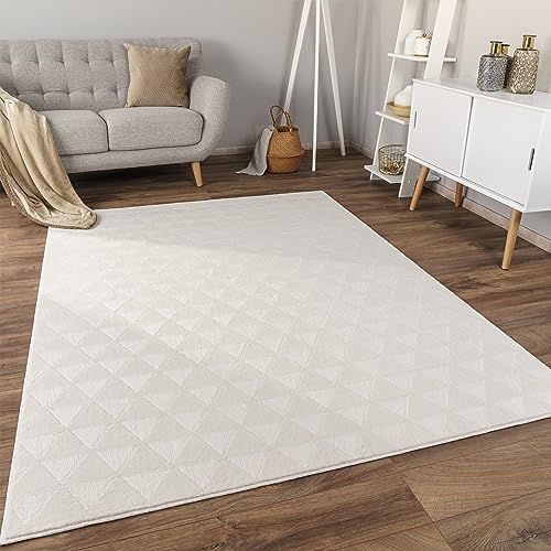 Paco Home Teppich Wohnzimmer Schlafzimmer Kurzflor rutschfest Skandinavisches Boho Design Einfarbig Geometrisch 3D Effekt Modern, Grösse:80x150 cm, Farbe:Creme 2