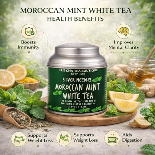 Image of Sancha Tea Boutique, Moroccan Mint White Tea, 25g Loose Leaves | Refreshing & Calming Silver Needle White Tea with Real Mint | Detox & Antioxidant Rich | Micro-Batch Blended