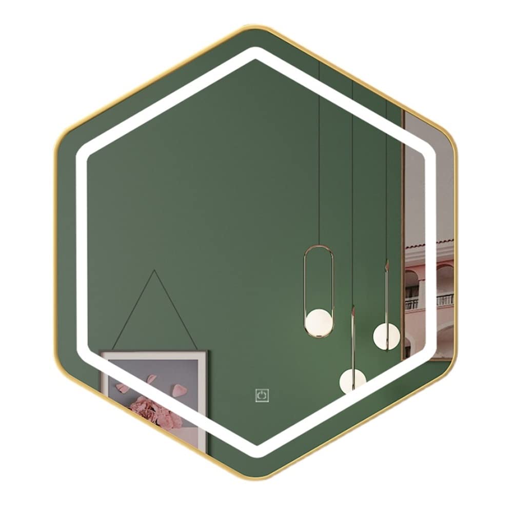 Specchio da Parete Esagonale, Specchio da Bagno Specchio Illuminato a LED, Cornice Dorata a Specchio Irregolare, Specchio da Camera con Interruttore Tattile, Specchio Decorativo per Hotel (S