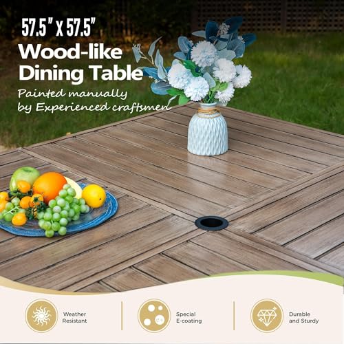 Image of MIXPATIO 9 Pcs Outdoor Dining Set, 8 Rattan Swivel Chairs with Soft Cushion and 57.5 inch Square Table with Umbrella Hole, Patio Table and Chairs for Backyard Porch