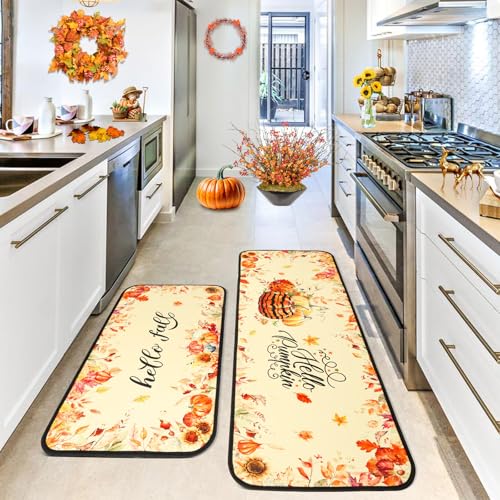 Voanos Fall Kitchen Rugs Set of 2,Pumpkin Fallen Leaves Sunflower Autumn Thanksgiving Home Decor,Hello Pumpkin Non-Slip Washable Kitchen Mat for Floor - 17