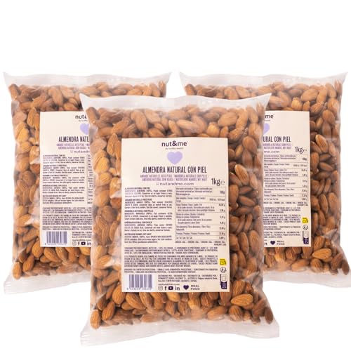 Almendras crudas con piel 3 kg nut&me | almendras naturales | Fuente de proteínas | Alto contenido en fibra | Sin gluten | Pack 3 x 1 kg