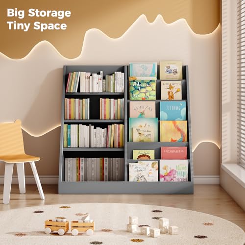 Image of Tatub 6 Tier Kids Wooden Bookshelf and Toy Storage, Children Toy Organizer with Book Shelves, Toddler BookRack Baby Bookcase for Nursery, Playroom and Classroom, Gray