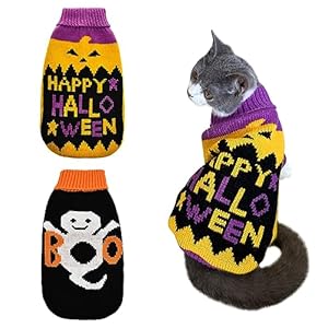 2Pcs Halloween Dog Sweaters Kitten Cat Knitwear Puppy Cat Halloween Pumpkin Ghost Sweater Pet Halloween Sweater Clothes Outfit Costume for Kittens Cats Puppies Small Medium Dogs L