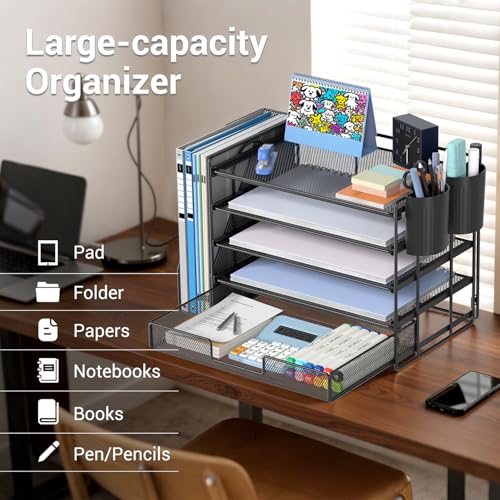 Desk Organizer with File Holder, Organisateur et Accessoire de Bureau, 5-tier Paper Letter Tray with Drawer and Pen Holder, Mesh Desktop Office Supplies for School, Home, Office (B image 3