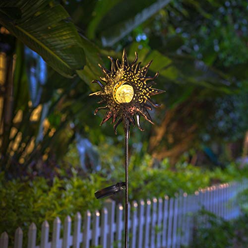 HOMEIMPRO Large Sun Solar Garden Decor Lights Outdoor Garden Gifts Mom Dad, Crackle Glass Metal Stake Backyard Decor, Waterproof LED Lights for Lawn Patio Ornaments, Mothers Day Gifts for Women