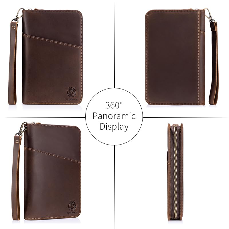 Image of Passport Holder for Travel Family with Strap Genuine Leather RFID Blocking Travel Document Organizer Wallet with Pen Holder, Brown