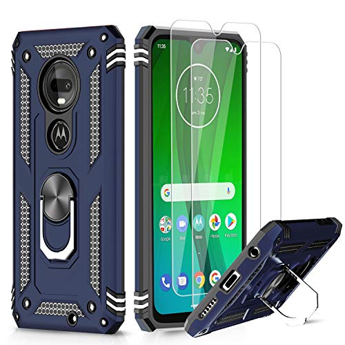 Moto G7 Case, Moto G7 Plus Case (Not Fit G7 Power/G7 Play) with Tempered Glass Screen Protector [2 Pack], LeYi [Military Grade] Defender Phone Case with Magnetic Car Holder Mount Kickstand JSFS Blue