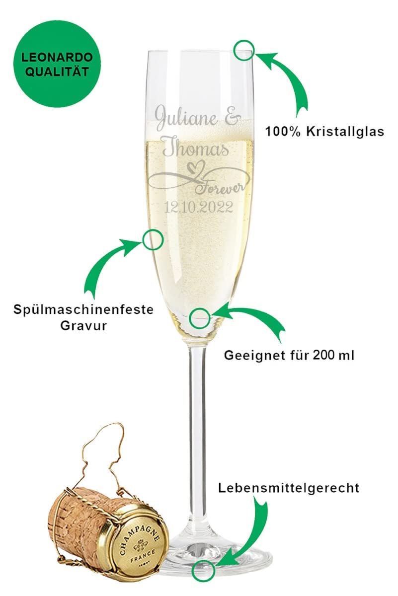 Leonardo Bicchieri da spumante con incisione di nome e data, design Infinity Love – regalo per matrimonio o fidanzamento – con scatola di legno incisa – il regalo perfetto per matrimonio + scatola