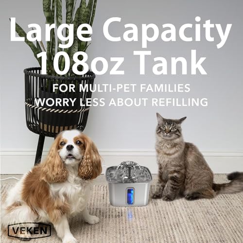 Image of Veken Innovation Award Winner Stainless Steel Cat Water Fountain, 108oz /3.2L Automatic Pet Fountain Dog Water Dispenser with Replacement Filters & Silicone Mat for Cats, Dogs, Multiple Pets (Silver)