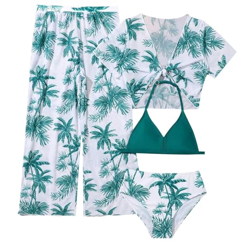 Generisch 2025 Conjunto de bikini con cuello halter con estampado tropical para niñas Trajes de baño con pantalones de malla bikinis para niñas, Verde militar., 11 12 años