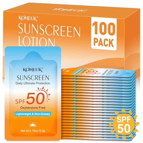 100 Pack Mini Sunscreen for Face and Body SPF 50 Travel Size Sunscreen Lightweight and Non-Greasy Bulk Sunscreen for Summer Travel Outdoor Sports and Activities 0.19 OZ/Pack