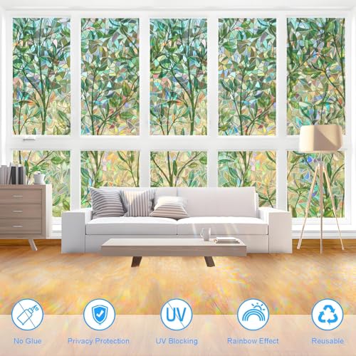ZHMRROAD Window Privacy Film Decorative Stained Glass Window Film, Rainbow Effect Static Cling No Glue Decals, UV Blocking Heat Control Tint for Home, Leaf Pattern, 17.5 x 78.7 inches — view 5