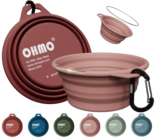 OHMO Ciotola Cane Portatile con Anello Acciaio Inox (2 pz., 400ml, Erythrinus+Corallo), Ciotola Pieghevole Silicone per Cani e Gatti, Kit Viaggio