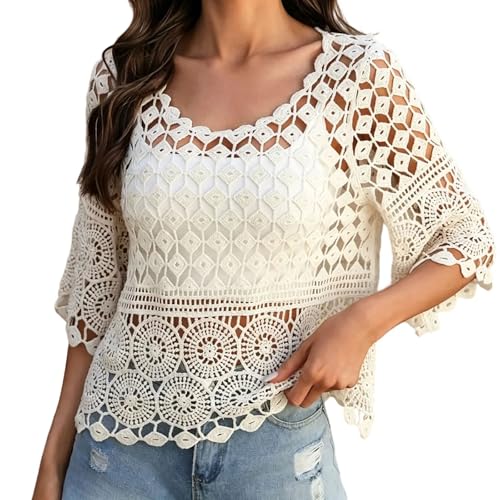 Camisetas de verano para mujer, manga 3/4, estilo bohemio, hippie, sin botones, con patrón floral, para la playa
