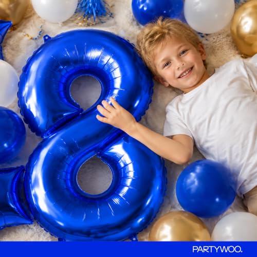 Image of PartyWoo Royal Blue Number 8 Balloon 40 Inch 25pcs Blue Star White Gold