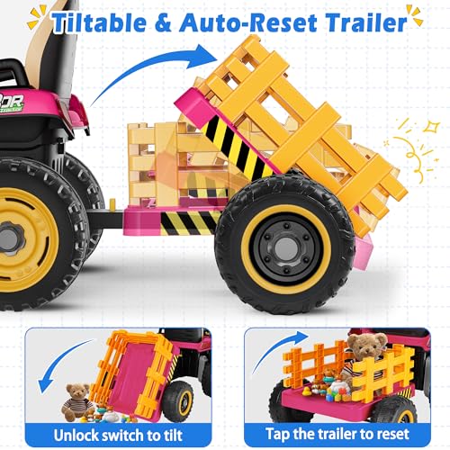 Image of ARBELI 24V Ride On Tractor w /2.4G Remote Control, Tiltable Trailer, Pink