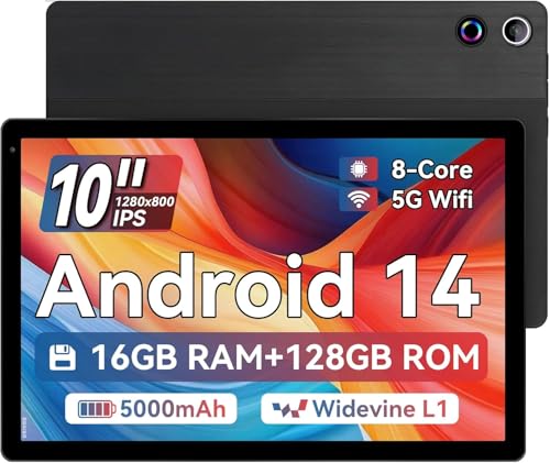 MUISOO 10 Inch Android 14 Tablet, 16GB RAM, 128GB ROM (Expandable to 1TB), Octa-Core Processor, 1280 * 800 IPS HD Touchscreen, 5G/2.4G WiFi, BT 5.0, Dual Camera, 2 Speaker Black