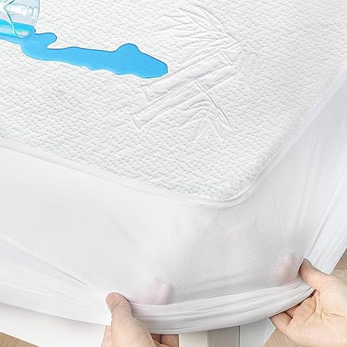 Twin Extra Long (XL) Mattress Protector Waterproof Cooling 3D Air Fitted up - 14\" Deluxe Noiseless & Breathable Mattress Topper Pad Cover Twin XL Bed Sheets, Viscose Made from Bamboo - Thumbnail 6