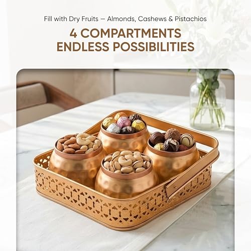 Image of Sanvatsar Square Shape Metal Basket with Jar Tray 4 Copper Flower Container Dry Fruits Chocolate Sweets Candys Gifts Set for Office, Home Decor Table Decoration Item (Pack of 4)